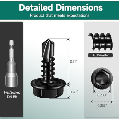 100Pcs #8 x 1/2" Sheet Metal Screws, 410 Stainless Steel Self Drilling Hex Head Black Self Tapping Screws for Metal with Drill Bit - color: Black, size: #8 x 1/2"