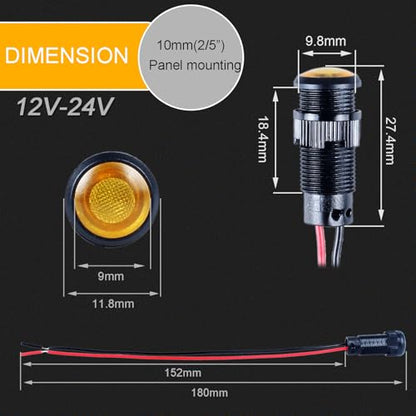 5pcs 10mm LED Indicator Light Plastic Black Signal Dot Lamp 12V-24V 2/5" Mounting Hole Size with 15cm/5.9in. Wire (Yellow LED) - color: Yellow, size: 10mm 12-24V