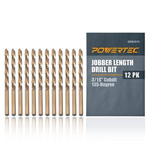 POWERTEC 3/16" Cobalt Drill Bits - 12 Pack - 3-1/2" Length - M35 HSS Jobber Length Twist Bits with 135° Tip for Drilling Wood, Metal, Stainless Steel, Nickel Alloy, Cast Iron & Plastic (QDB2015) - style: 12PK 3/16" Cobalt Drill Bit (3-1/2" L)