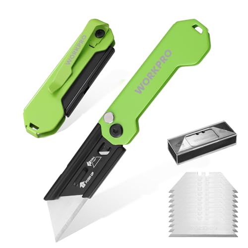 WORKPRO 2PCS EDC Folding Utility Knife, Mini Box Cutter with Quick Open Axis Lock, Quick Change Blade Razor Knife, Foldable Small Pocket Knife with Belt Clip, 2 Packs with 10 Extra Blades - color: Green