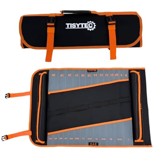 4-in-1 Tactical Wrench and Socket Tool Roll Bag – 52-Pocket Heavy Duty Organizer for SAE & Metric Sets (1/2" Dr. Sockets) – Mobile Mechanic & Fleet Maintenance Tool Wrap Pouch (Hi-Vis Orange) - color: Orange