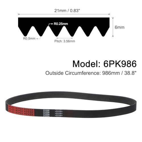 uxcell 6K388/6PK986 Serpentine Belt 6 Ribs 986mm Length x 21mm Width x 5mm Height, EPDM Poly V Belt, Multi Wedge Micro V Belt for Vehicle - size: 6PK986