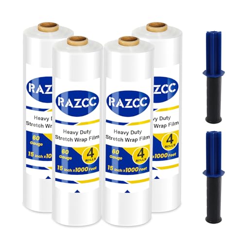 Stretch Film, RAZCC Stretch Wrap Industrial Strength, Shrink Wrap for Pallet Wrap, Heavy Duty Clear Plastic Wrap with Handles, Moving Wrapping Plastic Roll, 15" x 1000 Ft Per Roll, 60 Gauge, 4 Pack - size: 4 Rolls
