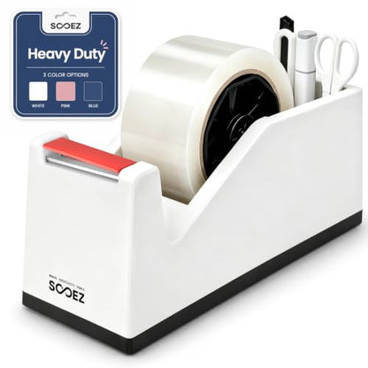 Sooez Weighted Tape Dispenser, Aesthetic Packing Tape Dispenser Desk, with Storage Compartment, Super Heavy Duty Tape Holder, Fit 1.88" to 2" Wide Tape, Tape Cutter Packing Shipping Supplies - color: White