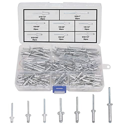 205pcs Aluminum Blind Rivets,7 Sizes,Pop Rivets Assortment Kit, Silver Tone
