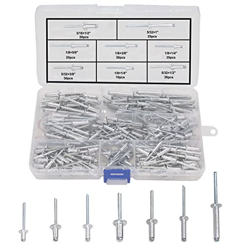 205pcs Aluminum Blind Rivets,7 Sizes,Pop Rivets Assortment Kit, Silver Tone