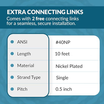 PGN #40 Nickel Plated Roller Chain - 10 Feet + 2 Free Connecting Links - #40NP - Anti-Corrosion Chains for Bycicles, Mini Bikes, Motorcycles, Go-Karts, Home and Industrial Machinery - 239 Links