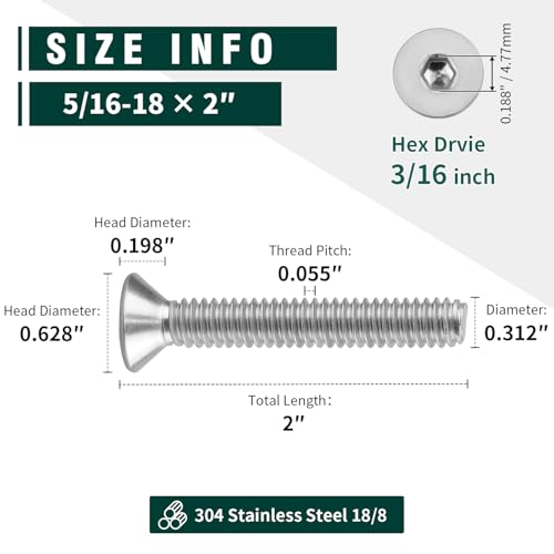 5/16-18 x 2" Flat Countersunk Head Socket Cap Screws, Full Machine Thread Coverage, Allen Hex Drive, 304 Stainless Steel 18-8 SS, 10 PCS - size: 5/16-18 x 2"