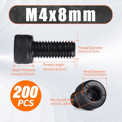 M4 x 8mm Hex Socket Cap Head Screws Bolts, 200pcs Grade12.9 Machine Screws - size: M4x8mm