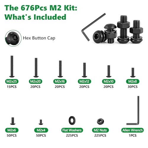 676PCS M2 Hex Socket Screw Assortment Kit, M2x4/6/8/10/12/16/20/25mm - size: M2 676pcs 2