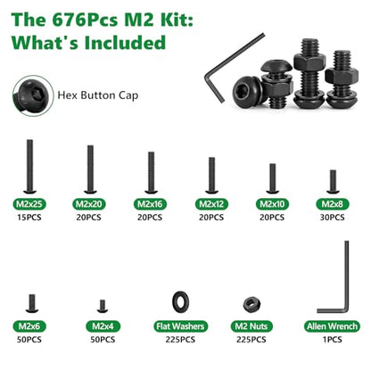 676PCS M2 Hex Socket Screw Assortment Kit, M2x4/6/8/10/12/16/20/25mm - size: M2 676pcs 2