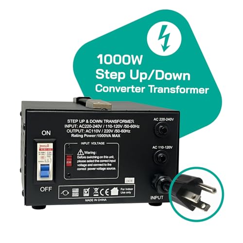 LiteFuze LT Series 1000 Watt Voltage Converter Transformer Step Up/Down - 110v to 220v / 220v to 110v Power Converter - Fully Grounded Cord - Universal Socket, CE Certified - style: 1000 Watt W/ Circuit Breaker