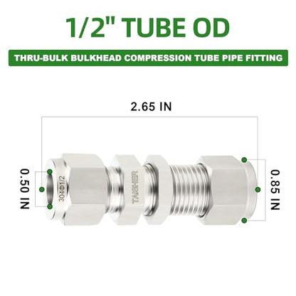 TAISHER 1PCS 304 Stainless Steel Thru-Bulk Bulkhead Compression Tube Pipe Fitting Connector, 1/2" Tube OD x 1/2" Tube OD Straight Adapter