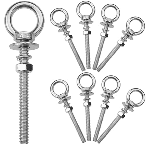 8 Pack M10 Stainless Steel Eye Bolts with Nuts, 3/8" x 4" Eye Bolts - size: M10x102mm (3/8"x4")