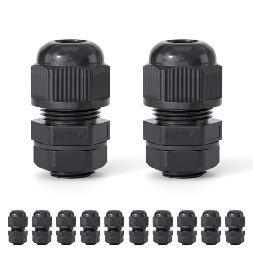 12 Pcs 1/4" NPT Cable Glands, IP68 Waterproof Nylon PA66 - size: 1/4" NPT 12PCS