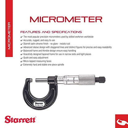 Starrett Outside Micrometer with One-Piece Spindle, Satin Chrome Finish and Advanced Sleeve Design - Quick and Easy Adjustment, 0-1" Range, .001" Graduation - 436.1XRL-1