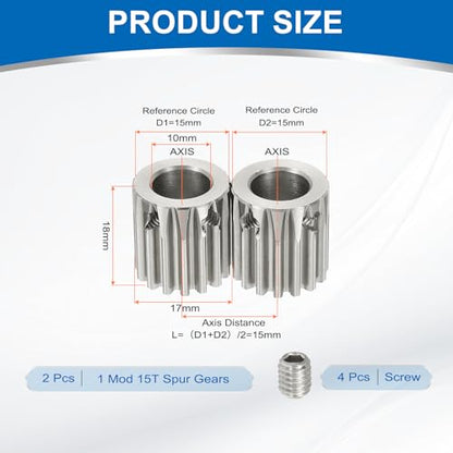 uxcell 2Pcs 1 Mod 15T Spur Gear 10mm Bore, 304 Stainless Steel Pinion Gear - size: 1 Mod 15T, 10mm