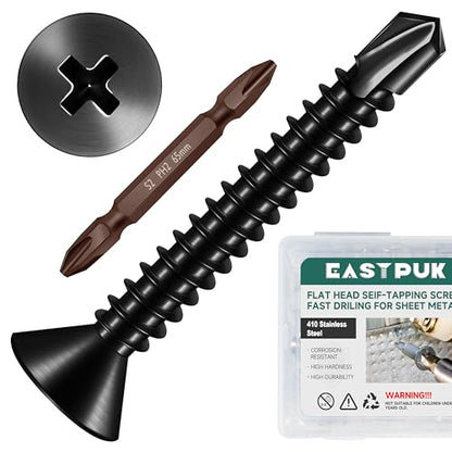 250pcs #8 x 1-1/4 Sheet Metal Self Tapping Screws Assortment Kit, 410 Stainless Steel Flat Head High-Strength Fast Self-Drilling Screws, Black Oxided - size: #8x1-1/4"