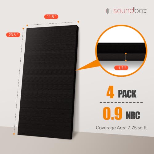 Soundbox 4 Pack Fiberglass Acoustic Wall Panels, 23.6 x 11.8 in, Black - color: Black