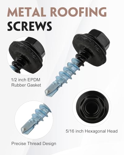 300 Pcs #10 x 1 Black Metal Roofing Screws with Hex Socket for Metal - color: Black