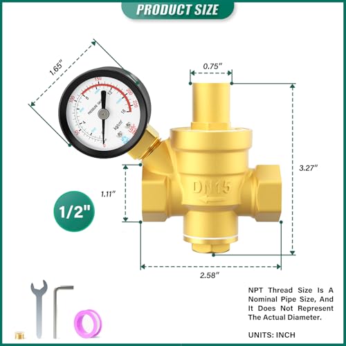 1/2 inch Brass Water Pressure Regulator,DN15, with 0-220PSI Gauge - size: 1/2 inch