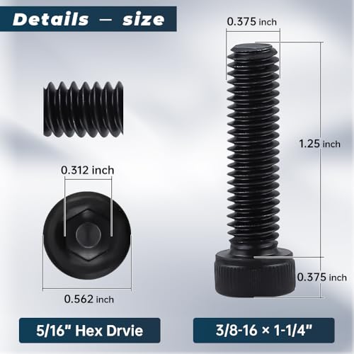 Glvaner 10-Pack 3/8-16 x 1-1/4" Socket Head Cap Screws, Grade 12.9 Alloy Steel, Black Oxide Finish, Full Thread UNC, Allen Hex Drive - size: 3/8-16 x 1-1/4"