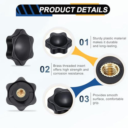 HARFINGTON Star Knob M6 Female Thread 32mm Head Brass Insert Black 3pcs - color: Black, size: M6 x 32mm