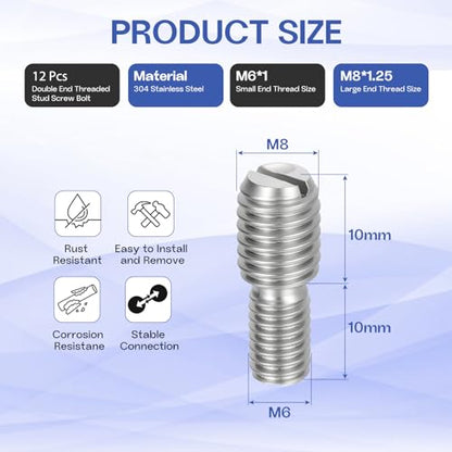 M6x10mm to M8x10mm Double End Threaded Stud Screw Reducing Bolt,304 Stainless Steel Thread Reducer Adapter for Furniture Fastener Welding, Hardware Connectors 12 Pack - size: M6x10mm to M8x10mm
