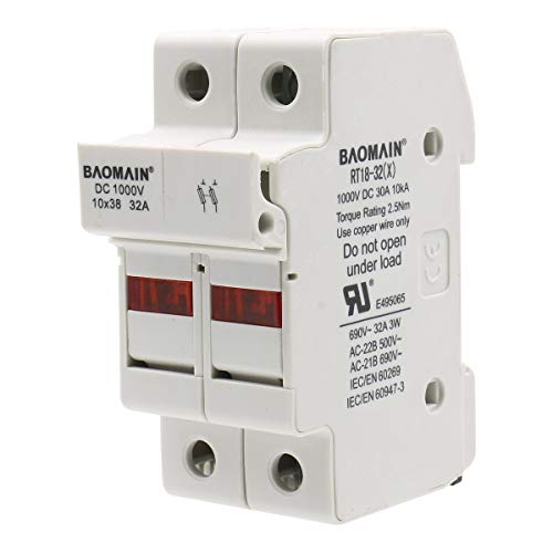 BAOMAIN 2P Solar PV DIN Rail Fuse Holder for 10x38mm,UL Recognized