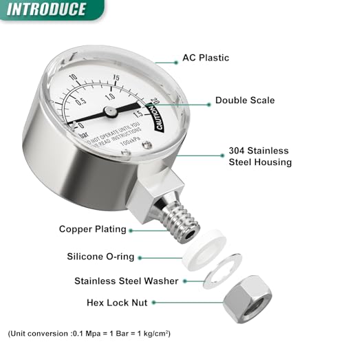 0-20PSI Stainless Steel Pressure Cooker Gauge, 2" Dial Size, 3/8" UNC Lower Mount, with Plastic Washer, Washer, Nut, 14mm Wrench, for UNC Steam, Pressure Tank - size: 3/8" UNC