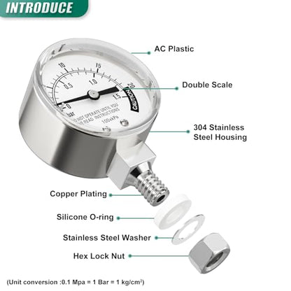 0-20PSI Stainless Steel Pressure Cooker Gauge, 2" Dial Size, 3/8" UNC Lower Mount, with Plastic Washer, Washer, Nut, 14mm Wrench, for UNC Steam, Pressure Tank - size: 3/8" UNC