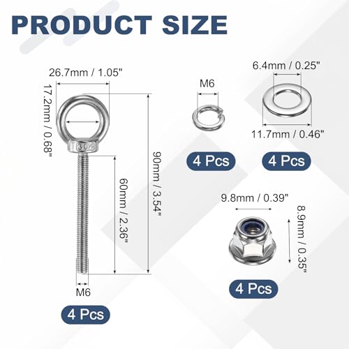 PATIKIL M6 x 60mm Shoulder Eye Bolt, 4 Pcs 304 Stainless Steel Lifting Ring Threaded Eye Bolt with Flange Lock Nuts Spring and Flat Washers for Hanging Tie Down Straps Outdoor Indoor - size: M6 x 60mm