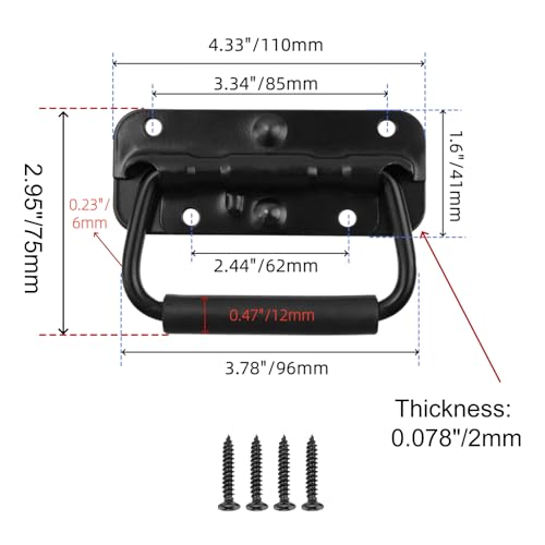 Bitray 4-Pack Spring Loaded Folding Chest Handle Rubber Grip 4.33in Black