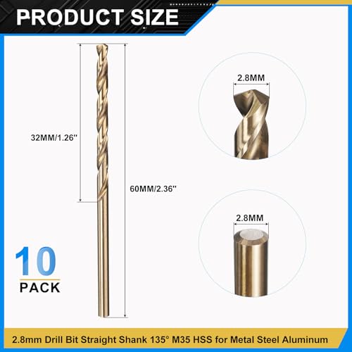 PATIKIL 2.8mm Drill Bit M35 Cobalt 5% High-Speed Steel for Metal 10 Pack - size: 2.8mm