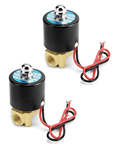 QWORK 1/4" G Thread Brass Electric Solenoid Valve 12V DC Normally Closed, 2 Pack Suitable for Water, Air, Gas, Fuel, and Oil with Gasket
