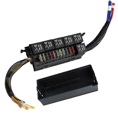 Pre-Wired 12V Fuse Relay Box, 6-Way 4-Pin 40A Automotive Relay Panel with 11 ATC/ATO Blade Fuses and Removal Tweezers, Reinforced Power Distribution Block for Jeep, Truck, RV, Marine - size: RY06F11