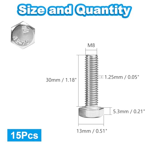 15 Pcs M8 Hex Bolts M8-1.25 x 30mm Hex Head Screw Bolt - size: M8-1.25 x 30mm