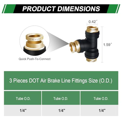 1/4" DOT Air Brake Line Tee Fittings 3PCS, Quick Push To Connect - color: 1/4" * 1/4" * 1/4" 3PCS
