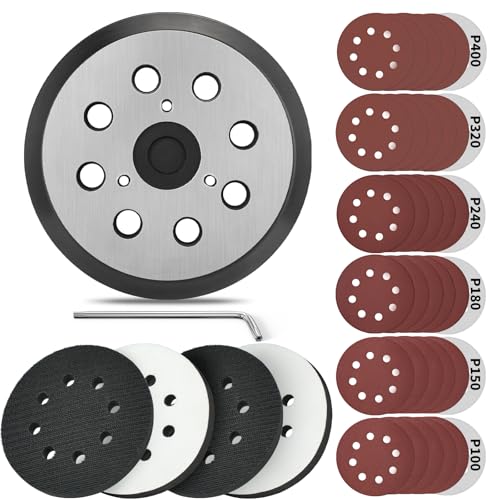5 Inch 8 Holes Hook Loop Orbital Sander Metal Pad Replacement for Porter Cable 343 343k 343VSK 390 390K 382 Sanders with 4 PCS Foam & 36 PCS Sanding Discs 100 150 180 240 320 400 Grits - size: FIT 343 & 382
