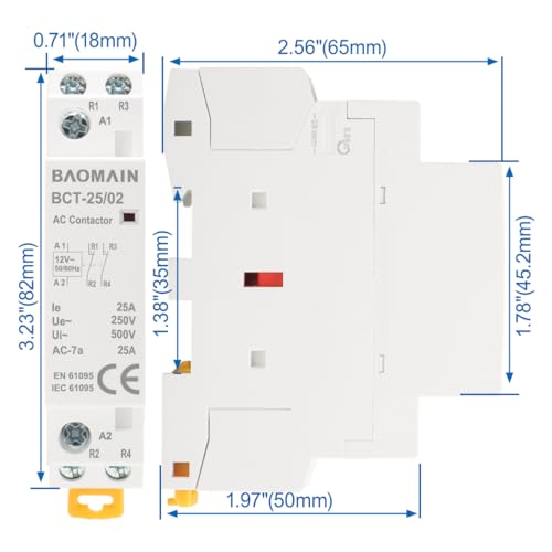 BAOMAIN 12V AC 2-Pole 25A Modular Contactor, 2NC, DIN Rail Mount
