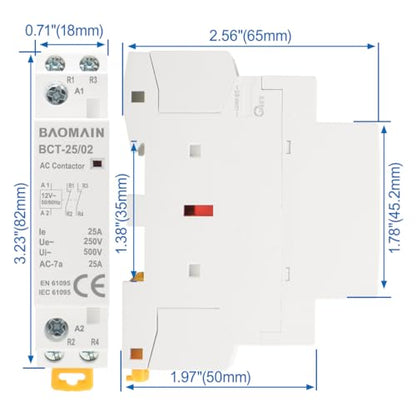 BAOMAIN 12V AC 2-Pole 25A Modular Contactor, 2NC, DIN Rail Mount