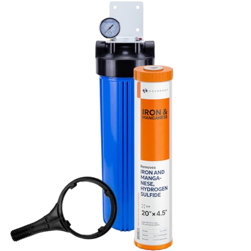 Aquaboon Whole House Water Filter System for Well Water with 20x4.5 Iron & Manganese Water Purification Cartrige | NSF Certified, Pressure Gauges & Releas, Wrench, Bracket 1" NPT - color: 20 Inch, size: Iron & Manganese Filter