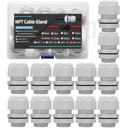 12-Pack 3/4" NPT Cable Glands, IP68 Waterproof Nylon PA66 Strain Relief Cord Grips, Adjustable Locknut for 13-18mm Wire, Electrical Conduit Fitting with Gaskets & PP Box, Grey - AIRTAK - color: Gray, size: 3/4"-12pcs