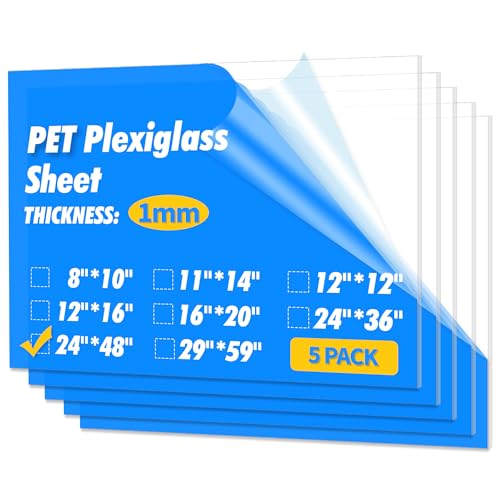 Art3d Plexiglass Sheets, Clear & Flexible, 5-Pack of 24 x 48" - color: Clear, size: 24" x 48", 1mm Thick