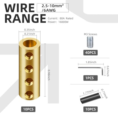 10PCS 6-10AWG 6 8 10 Gauge Wire Butt Connector 4Nut Splice Kit Brass - color: 6AWG-80Amp-4Nuts, size: 10