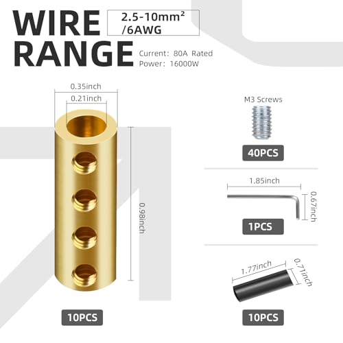 10PCS 6-10AWG 6 8 10 Gauge Wire Butt Connector 4Nut Splice Kit Brass - color: 6AWG-80Amp-4Nuts, size: 10