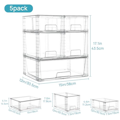 Vtopmart Clear Stackable Storage Drawers, 5 Pack Multi-Size Organizer Set - style: 1 Wide+2 Medium+2 Small