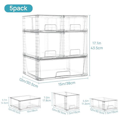 Vtopmart Clear Stackable Storage Drawers, 5 Pack Multi-Size Organizer Set - style: 1 Wide+2 Medium+2 Small
