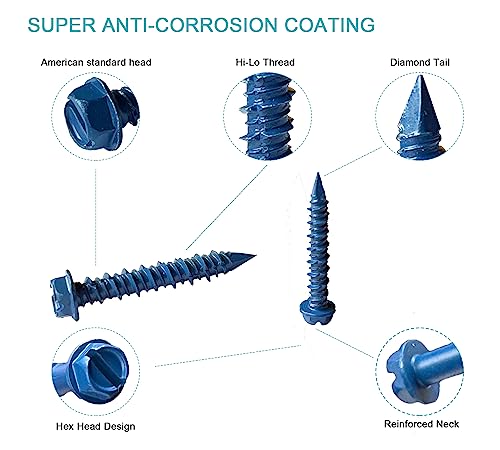 3/16 x 1-1/4" Hex Head Concrete Screw Anchor, for Anchoring to Masonry, Block or Brick (100Pcs) - size: 3/16 x 1-1/4", style: Hex Head