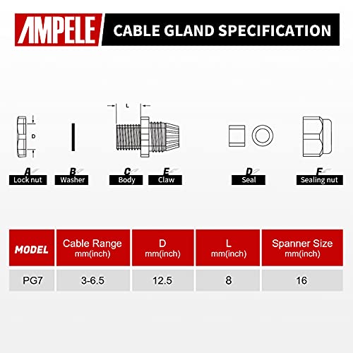 Cable Gland 20 Pack PG7 Waterproof Adjustable 3.5-6mm Nylon Cable Glands Joints with Gaskets, Black(PG7)